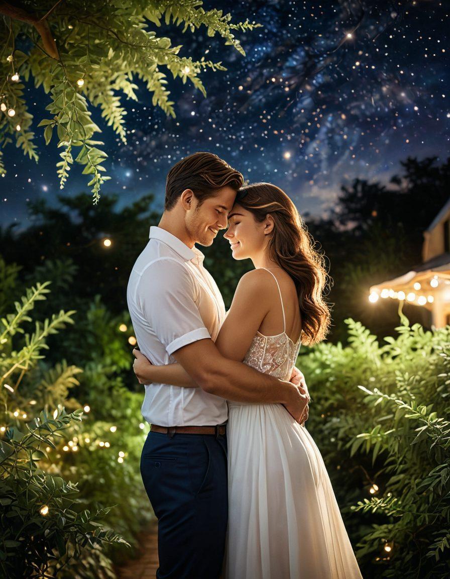 A serene and romantic setting featuring a couple embracing under a starlit sky, surrounded by soft glowing lights and lush greenery. The scene captures a sense of intimacy with delicate details like intertwined fingers and gentle smiles. Include warm colors and a sense of movement, enhancing the passionate atmosphere. super-realistic. vibrant colors. soft focus.